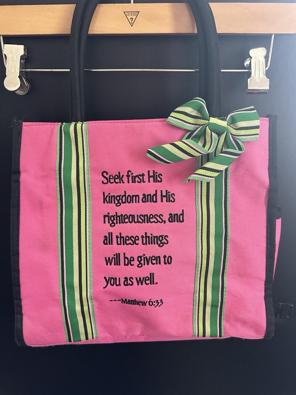 Pink Christian Tote Bag Matthew 6:33 Bible Verse Green Ribbon Bow